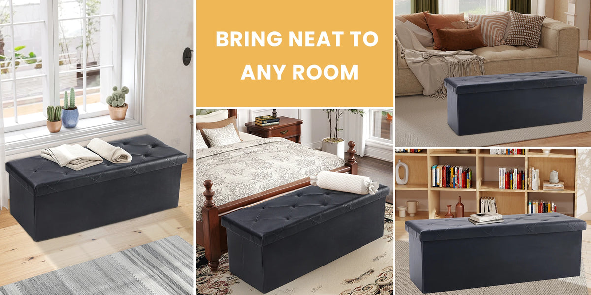 JHK 43 Inches Leather Folding Ottoman Storage Footstool Toy Box Bedroom Bench Load 660 lbs Foot Rest Stool For Living Room