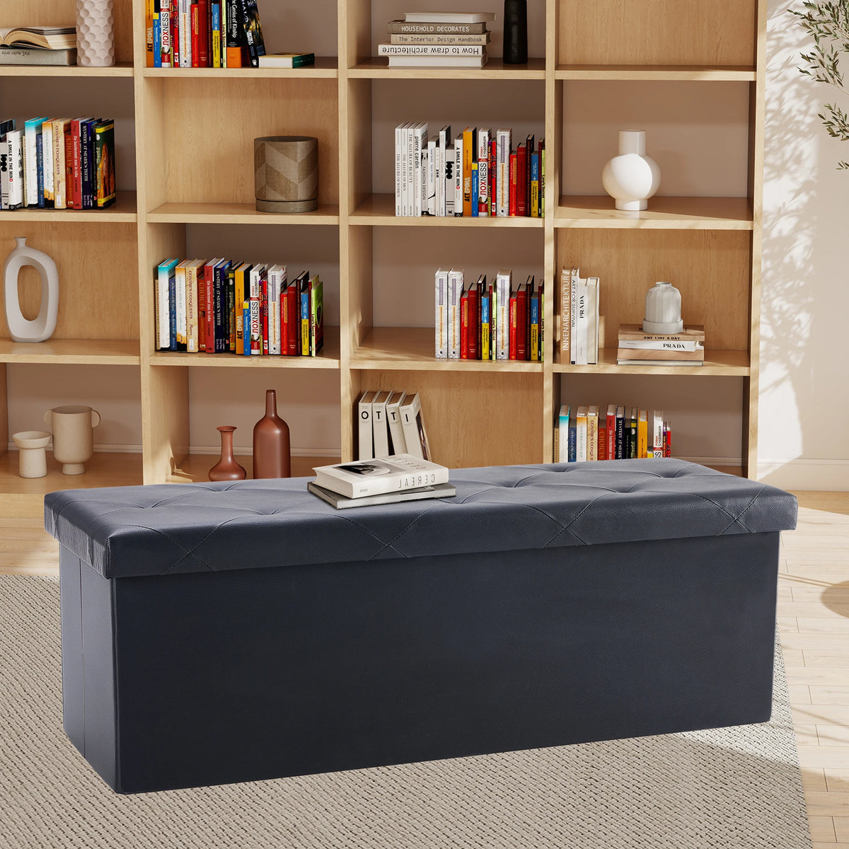 JHK 43 Inches Leather Folding Ottoman Storage Footstool Toy Box Bedroom Bench Load 660 lbs Foot Rest Stool For Living Room