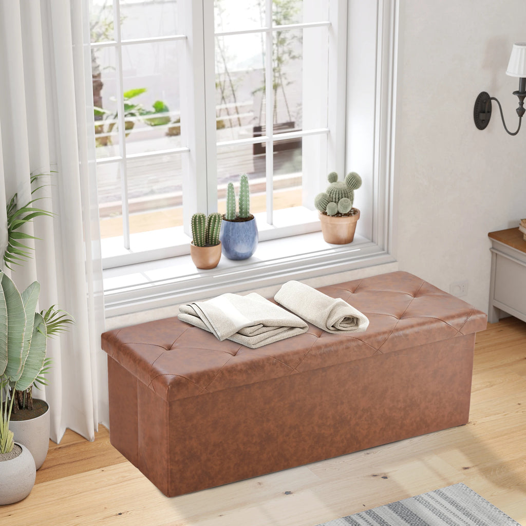 JHK 43 Inches Leather Folding Ottoman Storage Footstool Toy Box Bedroom Bench Load 660 lbs Foot Rest Stool For Living Room