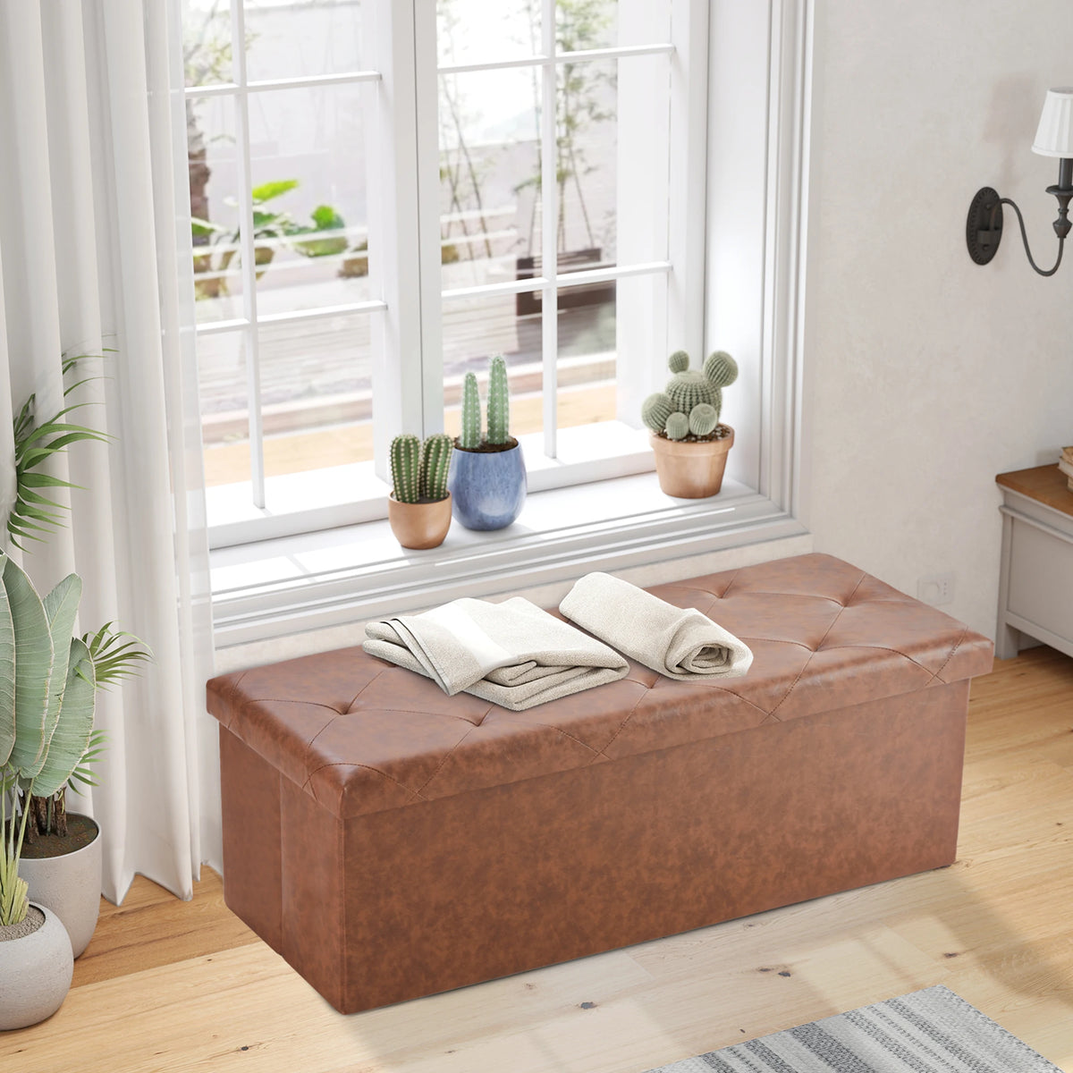 JHK 43 Inches Leather Folding Ottoman Storage Footstool Toy Box Bedroom Bench Load 660 lbs Foot Rest Stool For Living Room