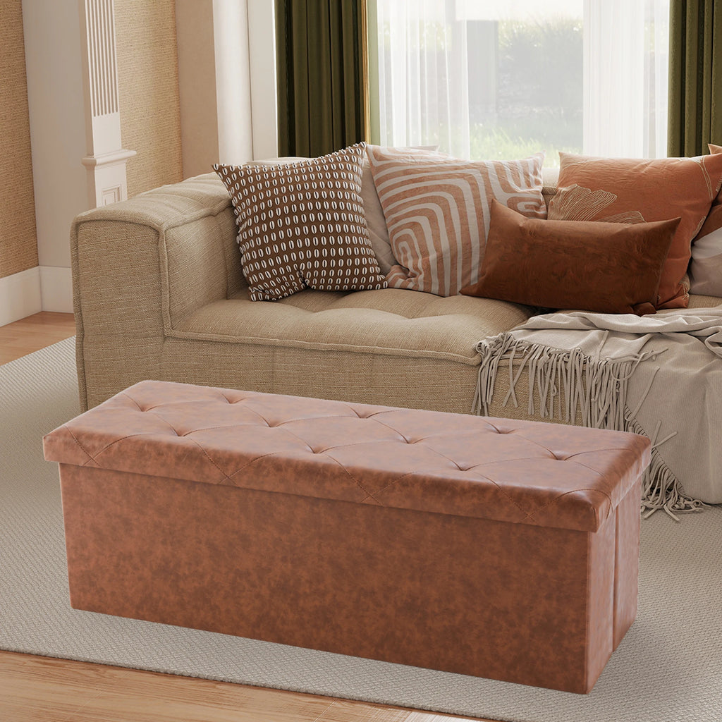 JHK 43 Inches Leather Folding Ottoman Storage Footstool Toy Box Bedroom Bench Load 660 lbs Foot Rest Stool For Living Room