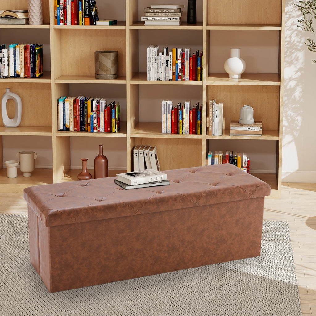 JHK 43 Inches Leather Folding Ottoman Storage Footstool Toy Box Bedroom Bench Load 660 lbs Foot Rest Stool For Living Room