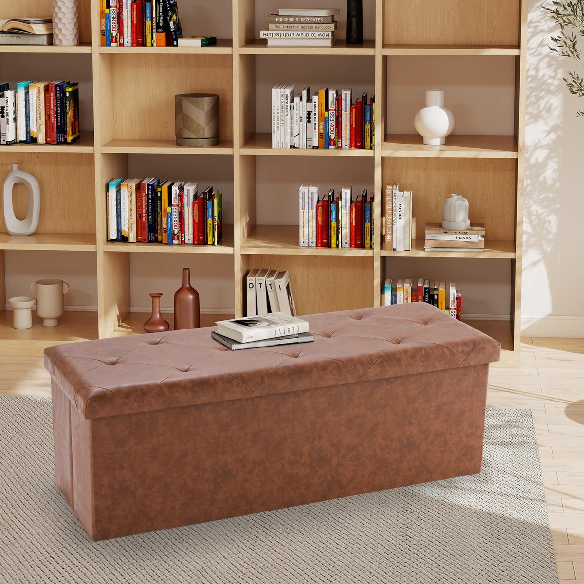 JHK 43 Inches Leather Folding Ottoman Storage Footstool Toy Box Bedroom Bench Load 660 lbs Foot Rest Stool For Living Room