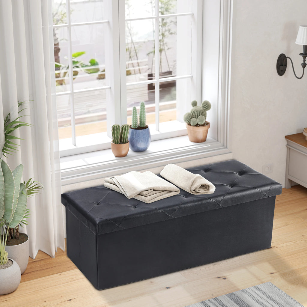 JHK 43 Inches Leather Folding Ottoman Storage Footstool Toy Box Bedroom Bench Load 660 lbs Foot Rest Stool For Living Room