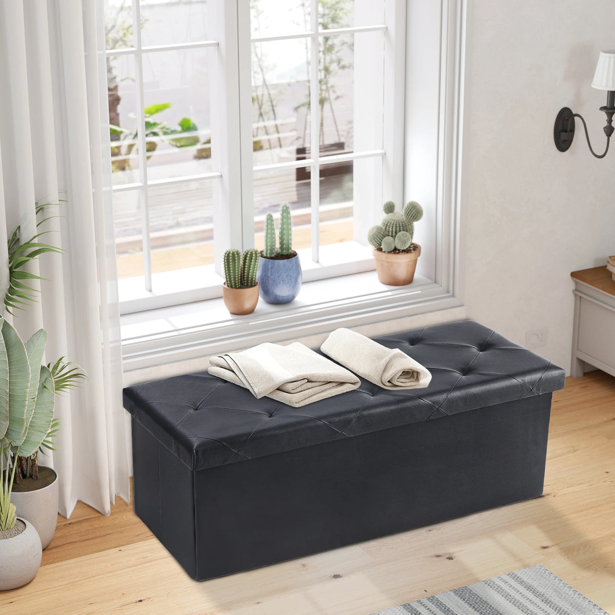 JHK 43 Inches Leather Folding Ottoman Storage Footstool Toy Box Bedroom Bench Load 660 lbs Foot Rest Stool For Living Room